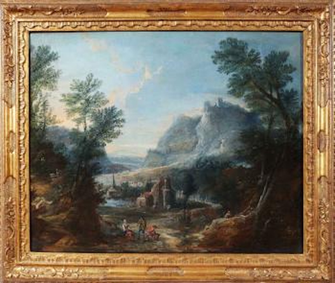 Paesaggio con personaggi e case by Flemish School