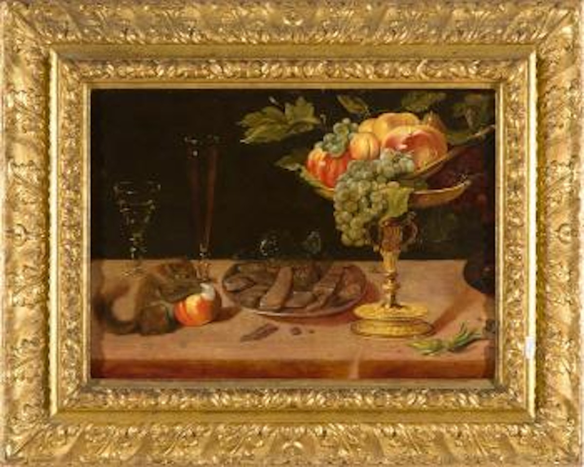 Natura morta con frutti, biscotti, bicchieri ed un piccolo roditore by Flemish School