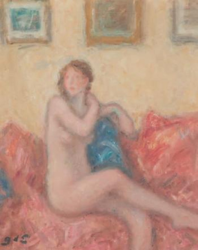 Modèle nu assis au canapé rouge by Georges d’Espagnat