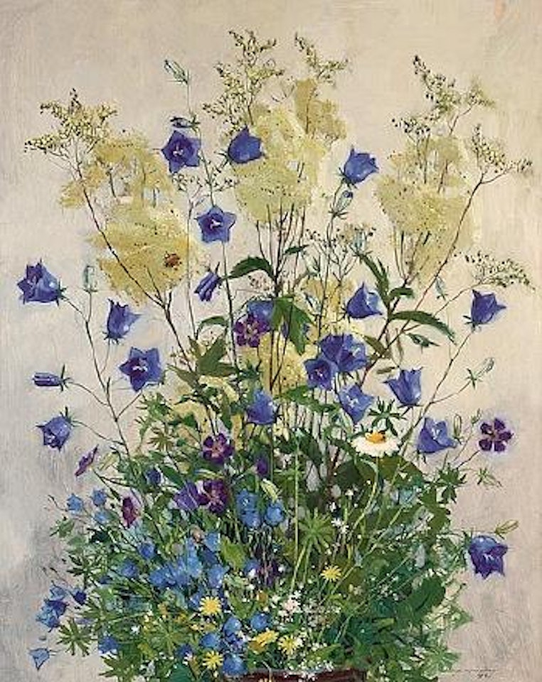 Still life with bluebells and bumblebee by Olle Hjortzberg