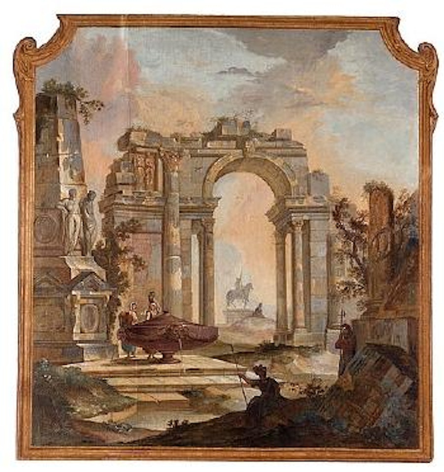 Landscape with ruins and resting soldiers by Johan Pasch