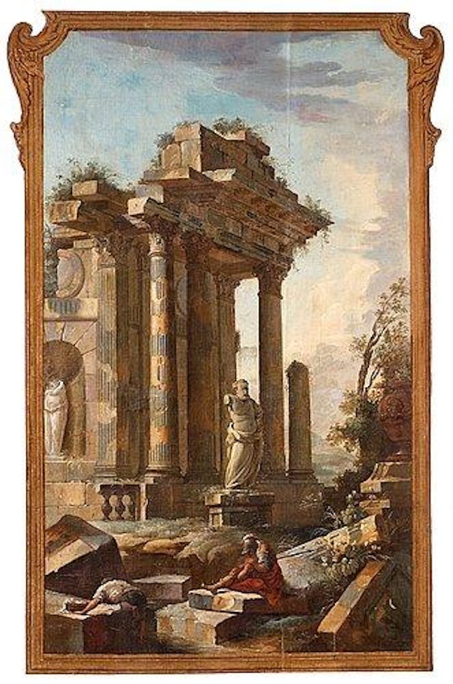 Landscape with ruins and figures by a well by Johan Pasch