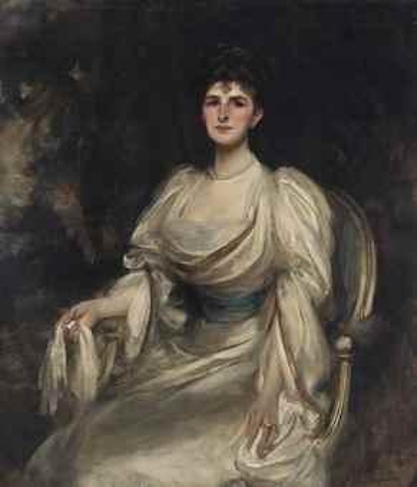 Mrs George Harland-Peck, seated three-quarter length, in a white dress by James Jebusa Shannon