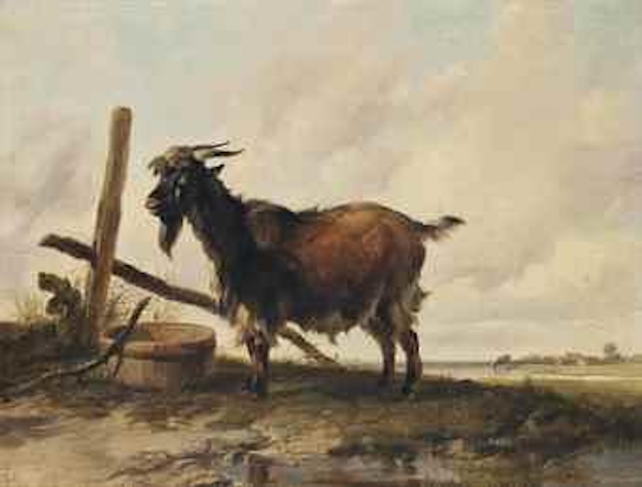 A goat in a landscape, cattle beyond by Thomas Sidney Cooper
