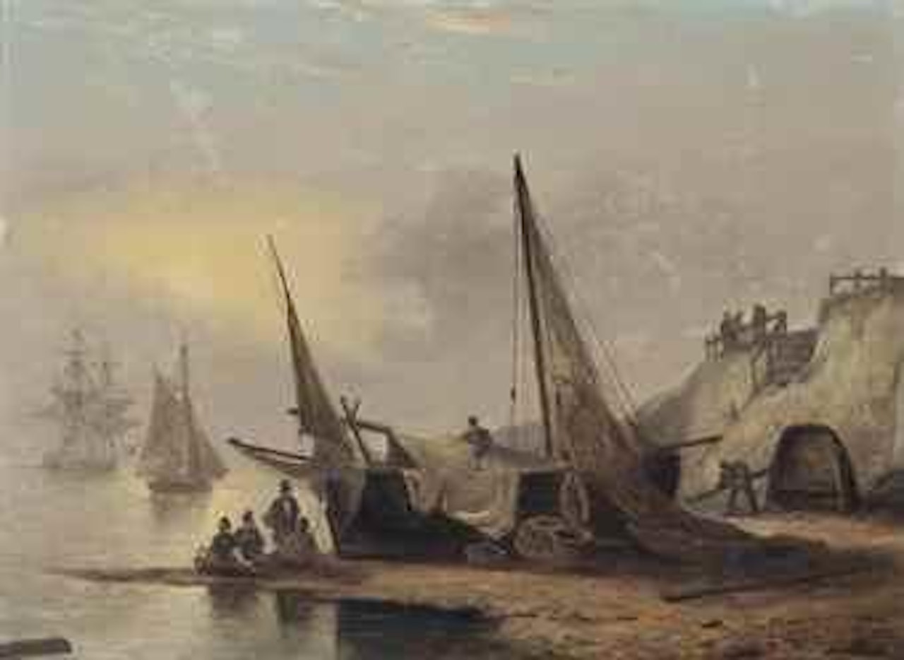 Fishermen sitting by their boat, low-tide, Devon by Thomas Luny