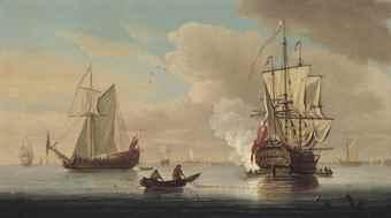 A flagship firing a salute to signal the arrival of the fleet at the anchorage by Francis Swaine