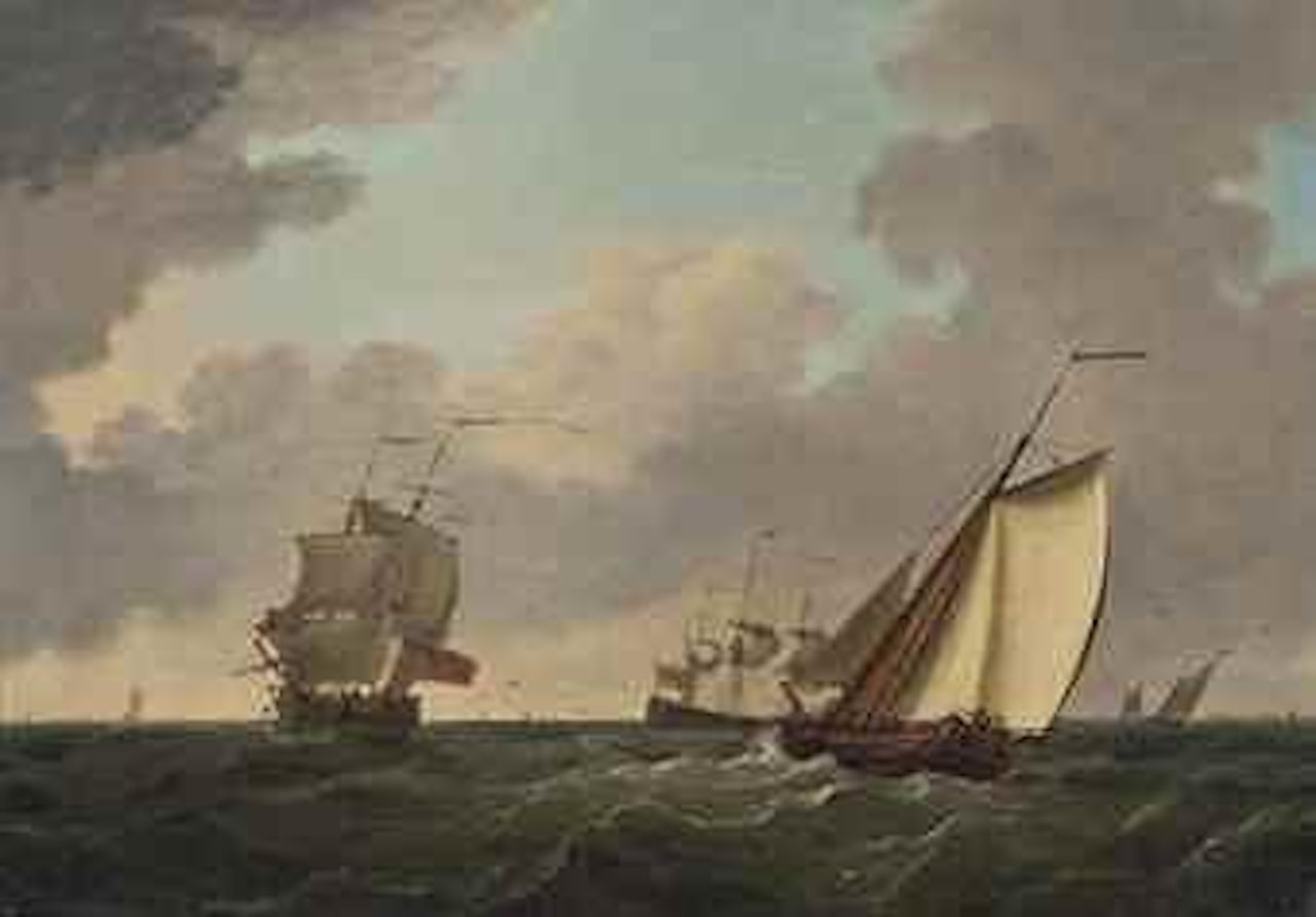 A cutter yacht passing two frigates in a freshening breeze by Francis Swaine