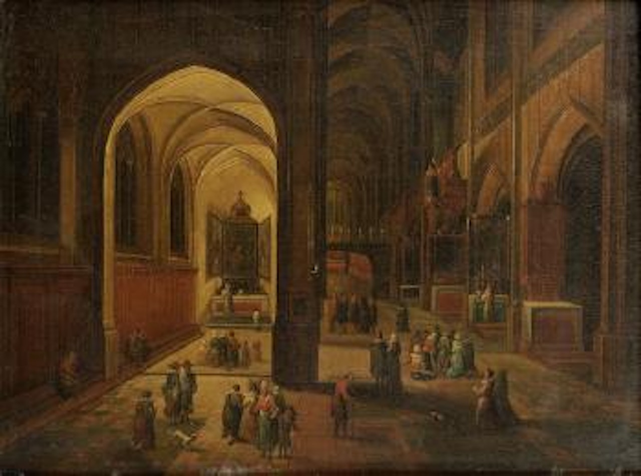 A Gothic Cathedral interior at Night with a Mass Being Celebrated in a Side Chapel by Hendrik van Steenwyck the Younger