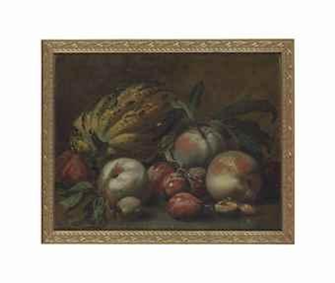 Apples, pears and a melon on a stone ledge by Roman School