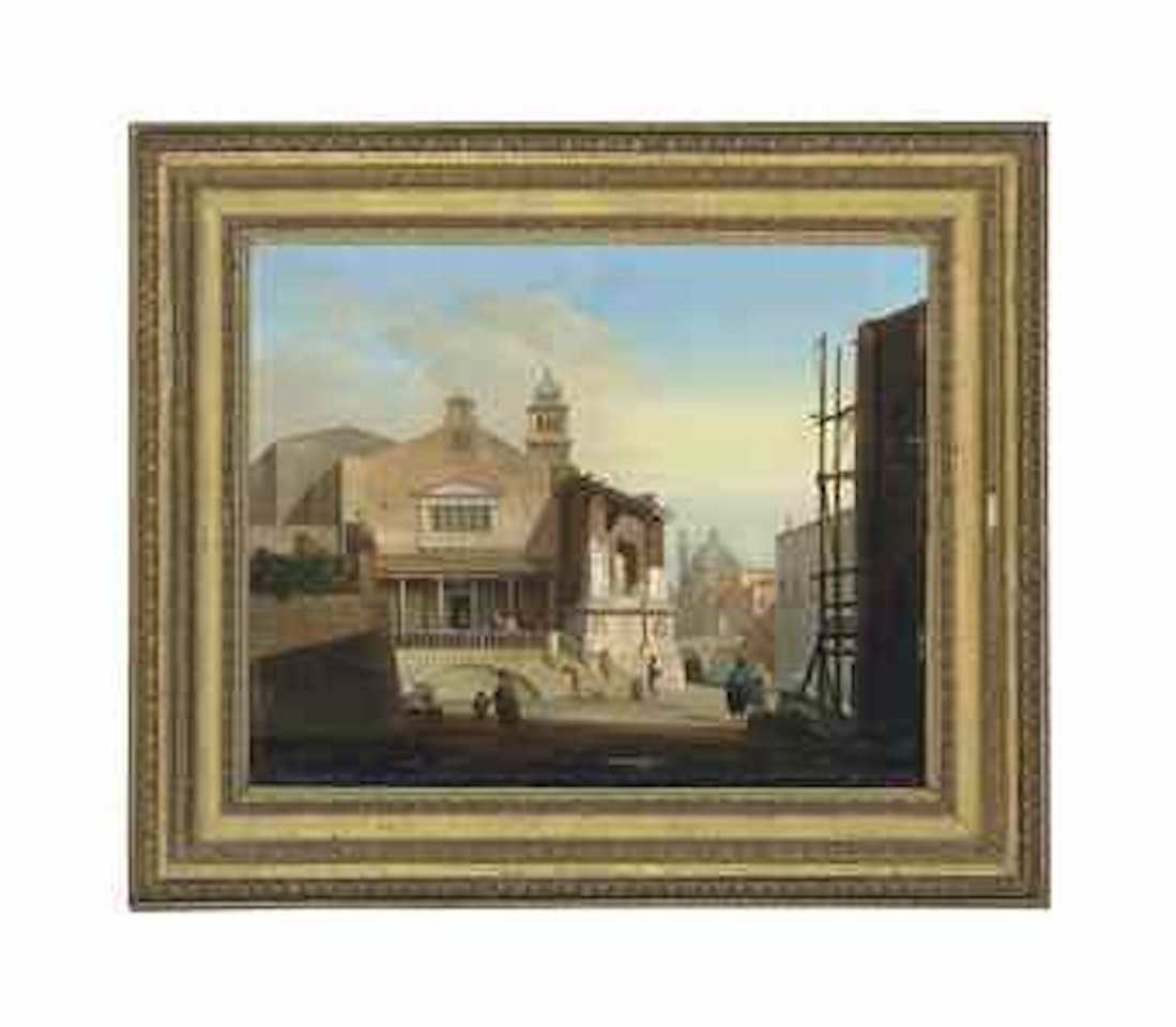 A view of a Venetian street, with figures entering a building, a canal and bridge beyond by Giuseppe Bernardino Bison