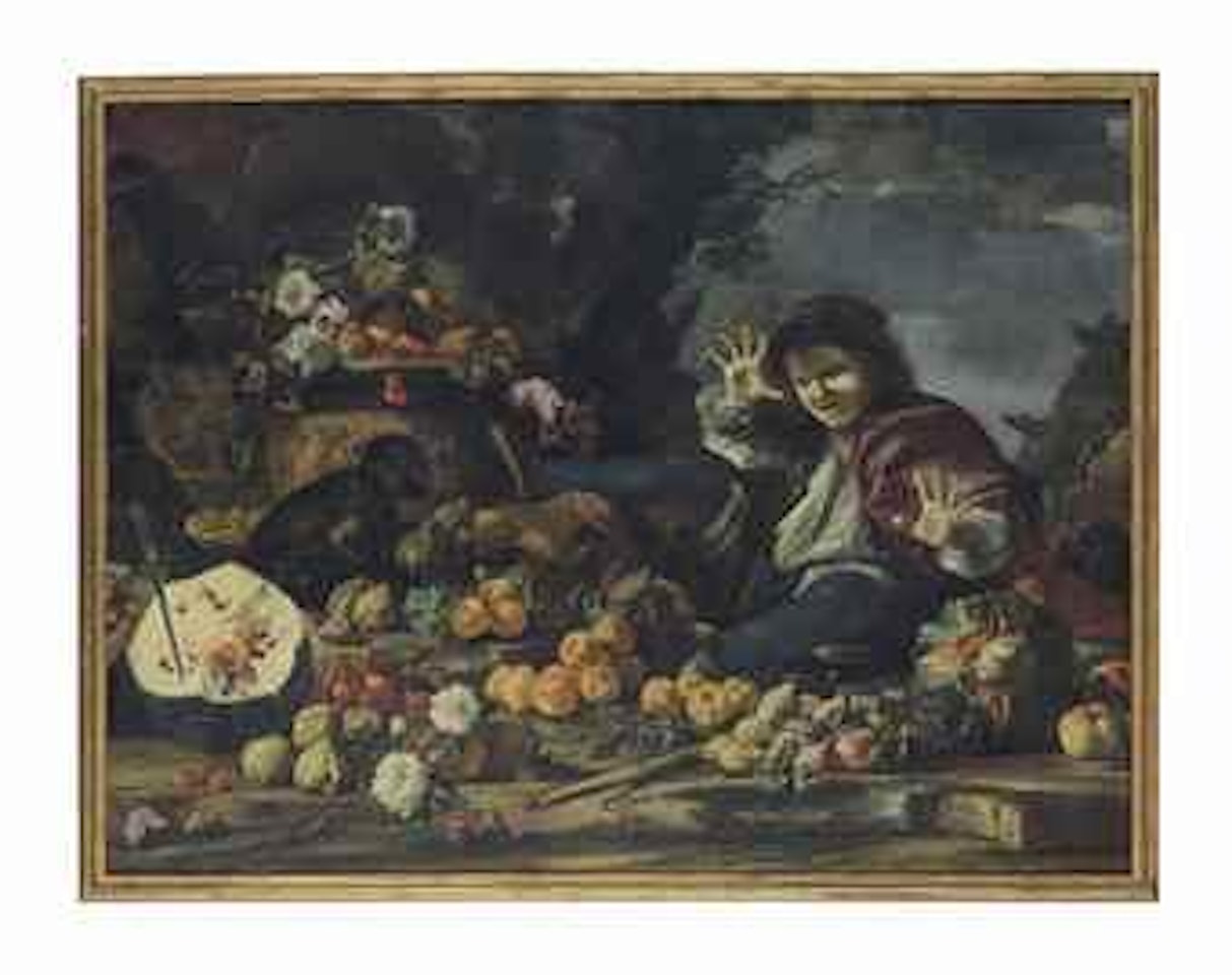 Roses, peaches, apples and melons on a rocky ledge, in a wooded landscape, with a young boy startled by a monkey by Michele Pace del Campidoglio