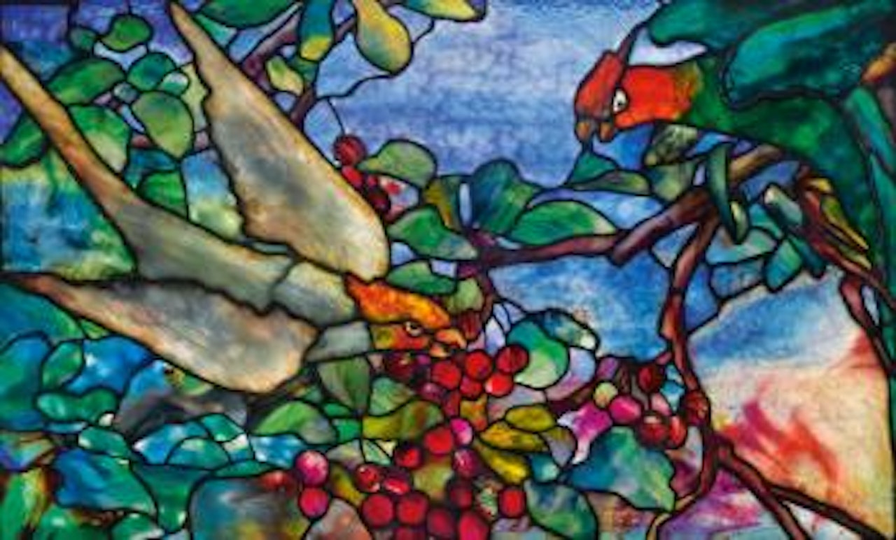 An important and rare 'Parakeets and Cherries' Window by Tiffany Studios