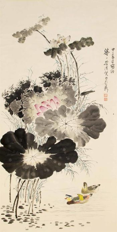 A pair of mandarine ducks with lotus by Xie Zhiliu