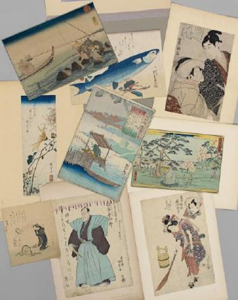 Vue de la mer à Teppozu, trois pêcheurs à la ligne sur un rocher by Utagawa Kuniyoshi