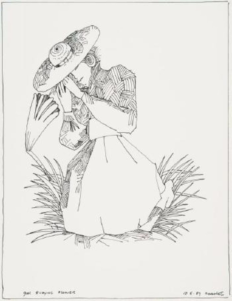 Girl studying flower by Charles Blackman