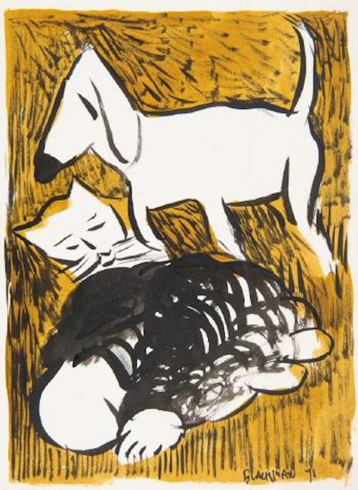 Dog, cat, and figure by Charles Blackman