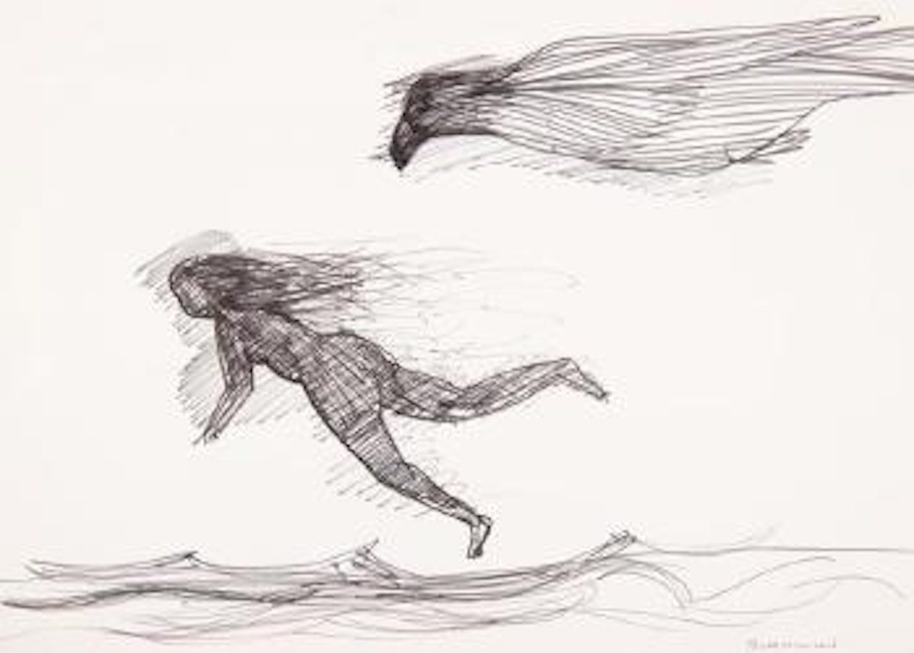 Flying figure and bird by Charles Blackman