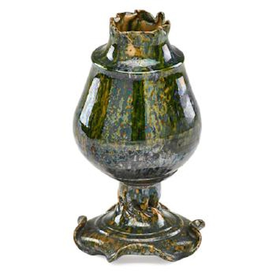 Exceptional large vase with applied foot, in-body  twist, and ruffled rim by George E. Ohr