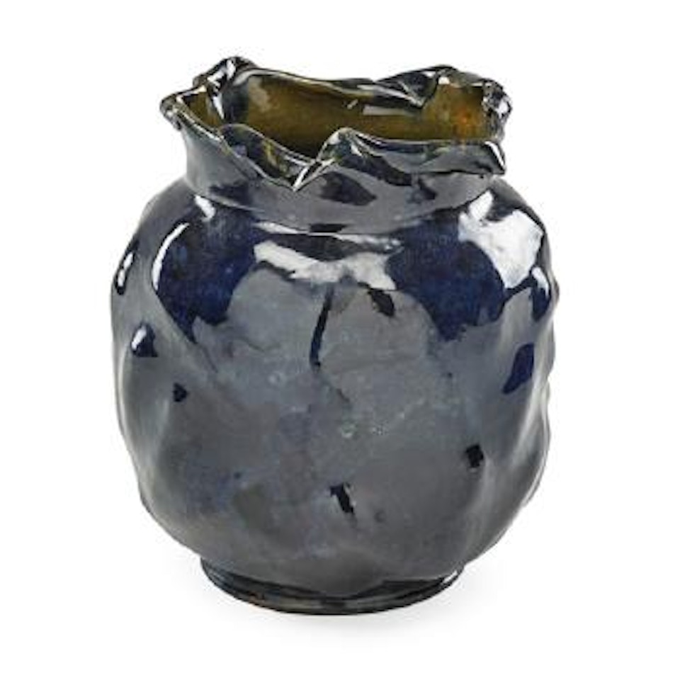 Large dimpled vase with torn and folded rim by George E. Ohr