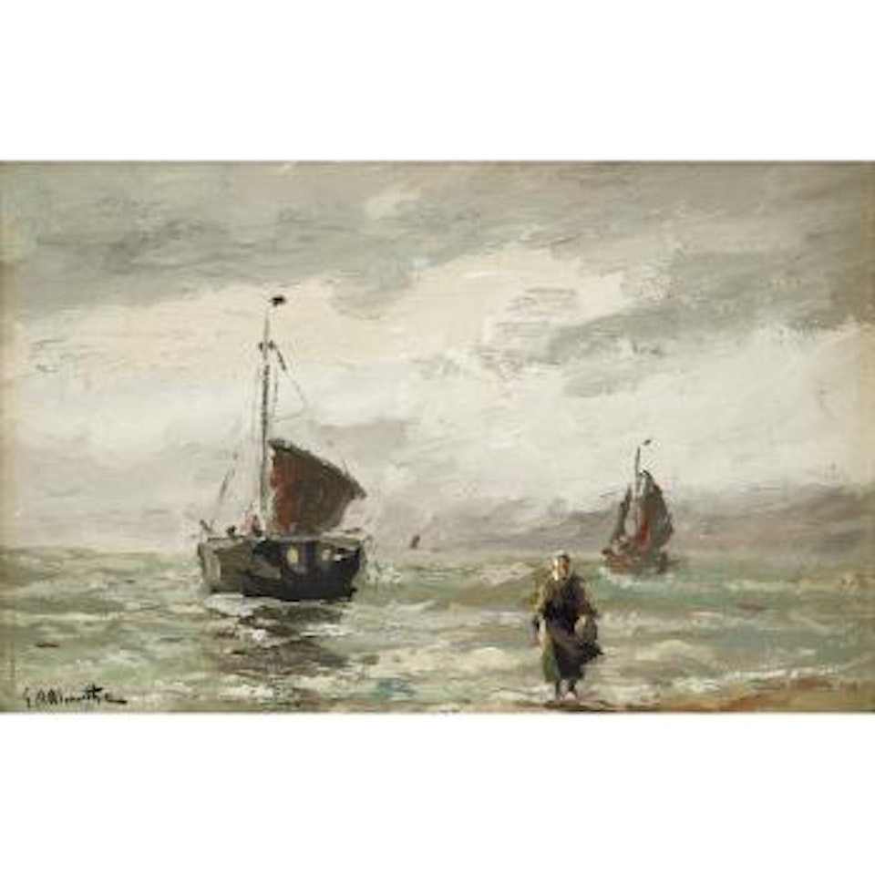 Boats and fisherwoman along the coast by Gerhard Arij Ludwig Morgenstjerne Munthe