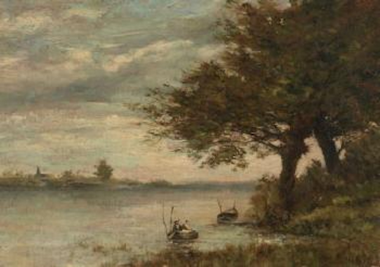 Couple en barque pêchant sur une riviere by Paul Désiré Trouillebert