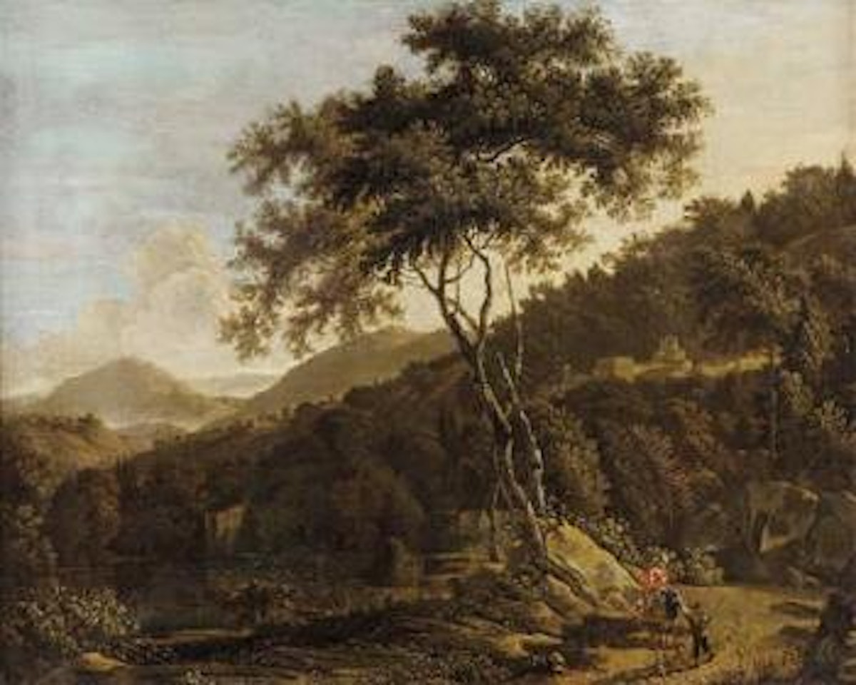 Bergige Landschaft mit kleineren Städten und Burg sowie Eselreiterin mit Begleiter by Jan Both