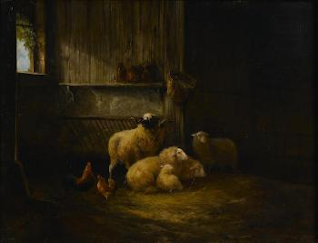 Chickens and sheep in a barn by August Knip