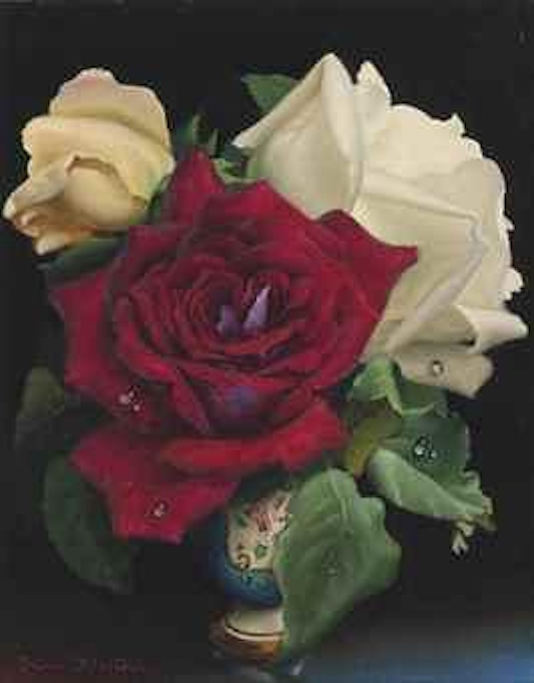 i) Yellow, white and red roses in a meissen blue vase; ii) Pink, white and red roses in a meissen blue vase by Irene Klestova