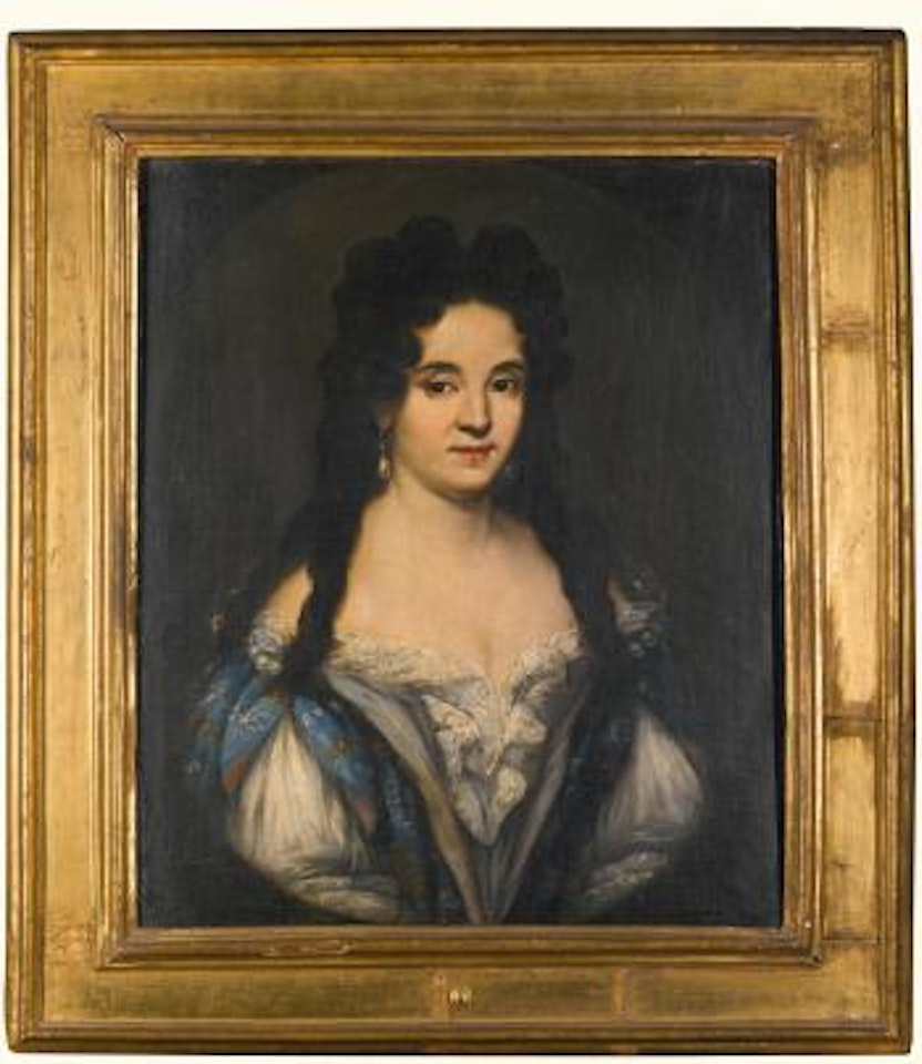 Portrait of a Woman with long black hair and pearl trimmed dress by Jacob Ferdinand Voet