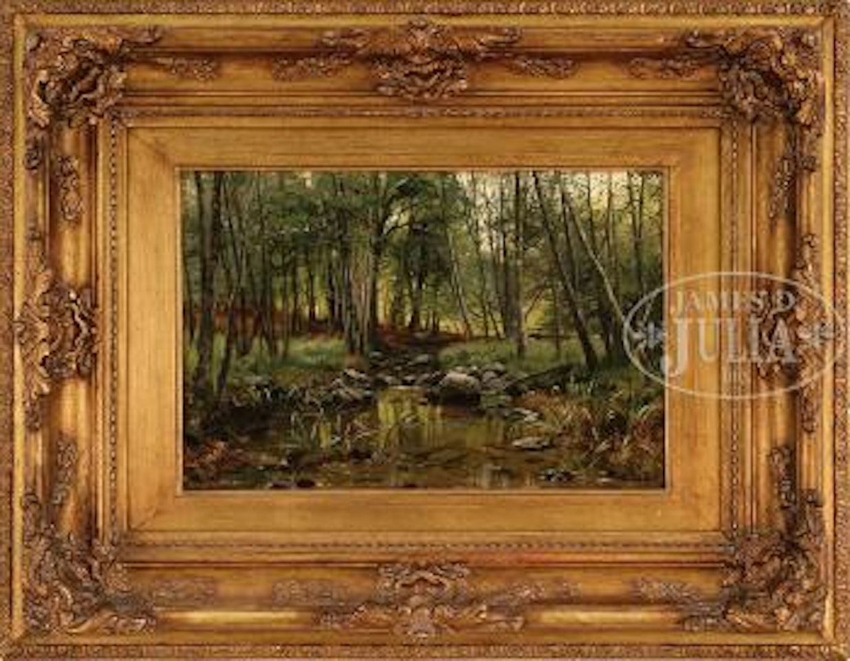 Thre deer in wooded and stream landscape by Peder Mork Monsted