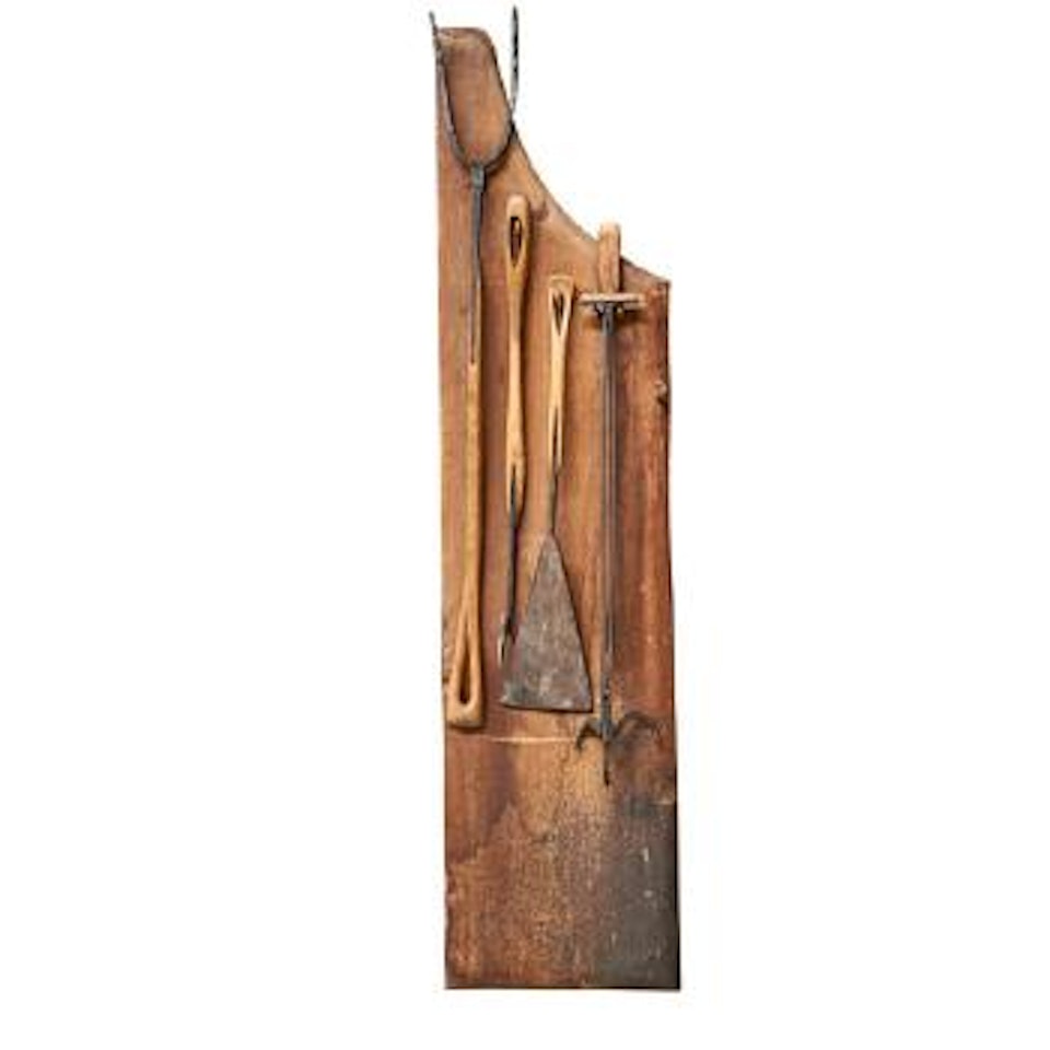 Four-piece fire tool set on wall-hanging rack by Wharton Esherick