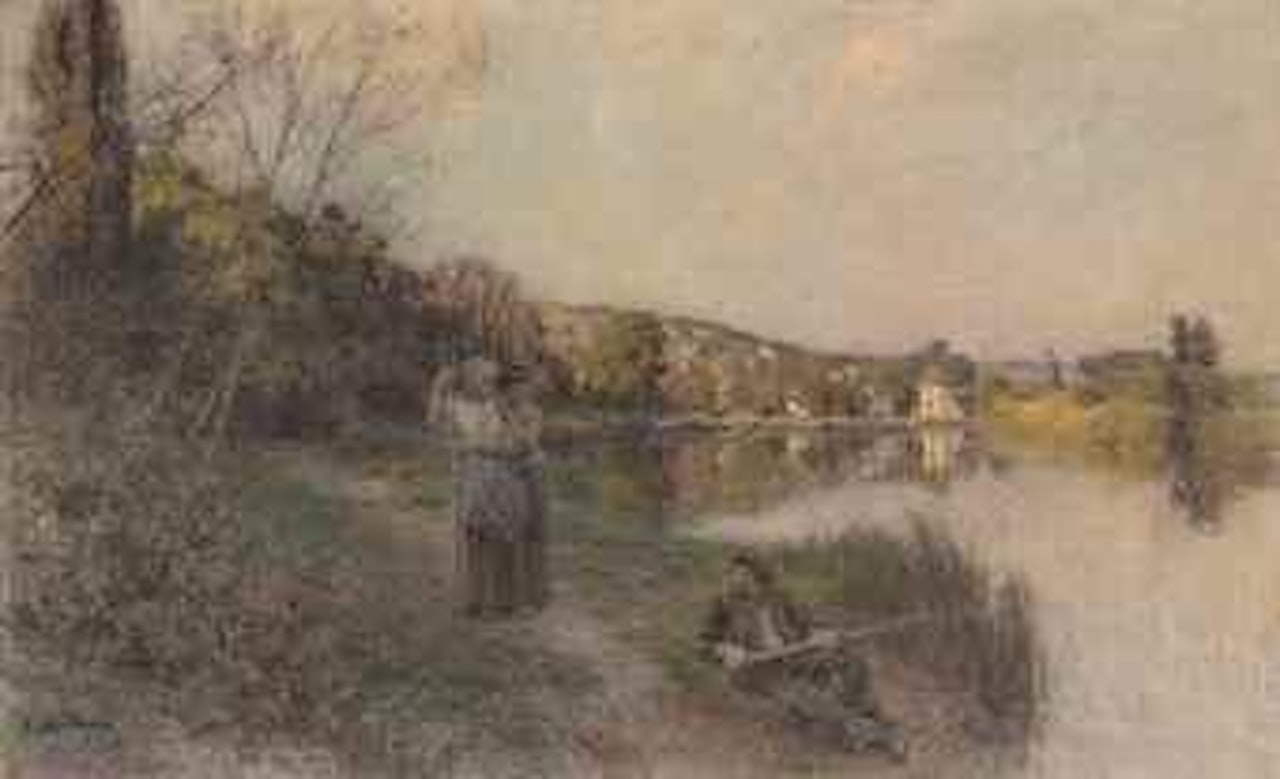 Fin de belle journée, soleil couchant, pêcheur by Léon Augustin Lhermitte