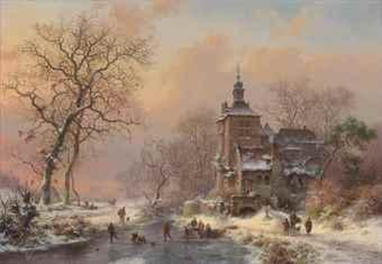Winter landscape with skaters on a frozen river by Fredrik Marinus Kruseman