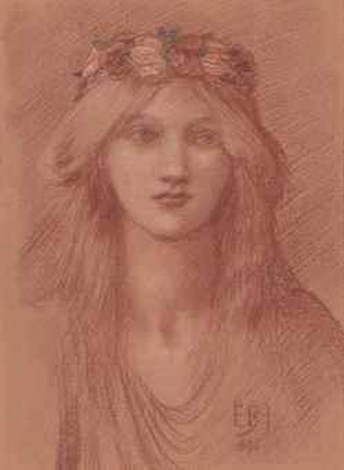 Portrait of Lady Gwendolen Gascoyne-Cecil (1860-1945), bust-length, with a wreath of red and white roses in her hair by Edward Coley Burne-Jones