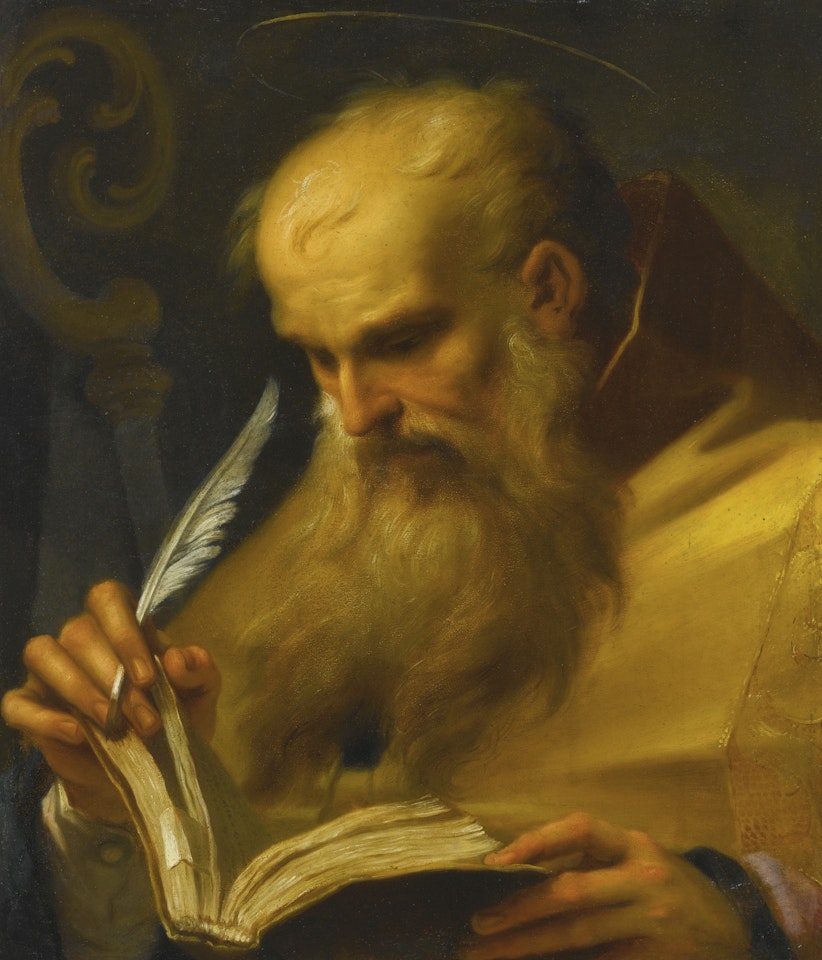 AN ABBOT OR�BISHOP SAINT, POSSIBLY ONE OF THE FOUR LATIN FATHERS OF THE CHURCH, HALF-LENGTH, WRITING IN A BOOK WITH A QUILL-PEN by Roman School