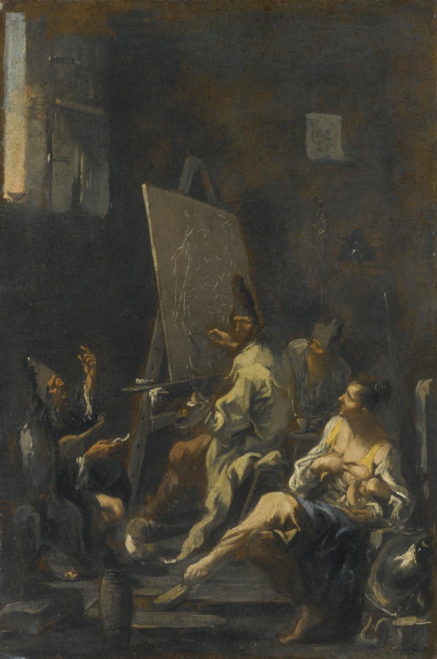 AN ARTIST AT AN EASEL AND OTHER FIGURES IN AN INTERIOR by Alessandro Magnasco