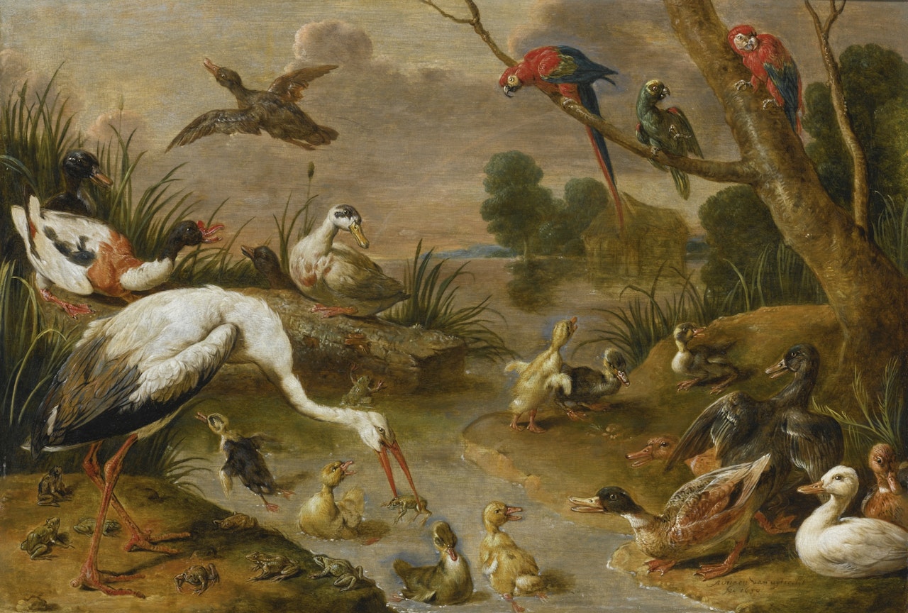 BIRDS, INCLUDING DUCKS, PARROTS AND A HERON, IN AN EXTENSIVE LANDSCAPE by Adriaen van Utrecht
