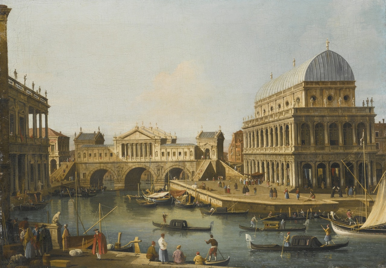 A PALLADIAN DESIGN FOR THE RIALTO BRIDGE, WITH THE BASILICA PALLADIANA AT RIGHT AND THE PALAZZO CHIERICATI AT LEFT: A�CAPRICCIO by Circle of Canaletto