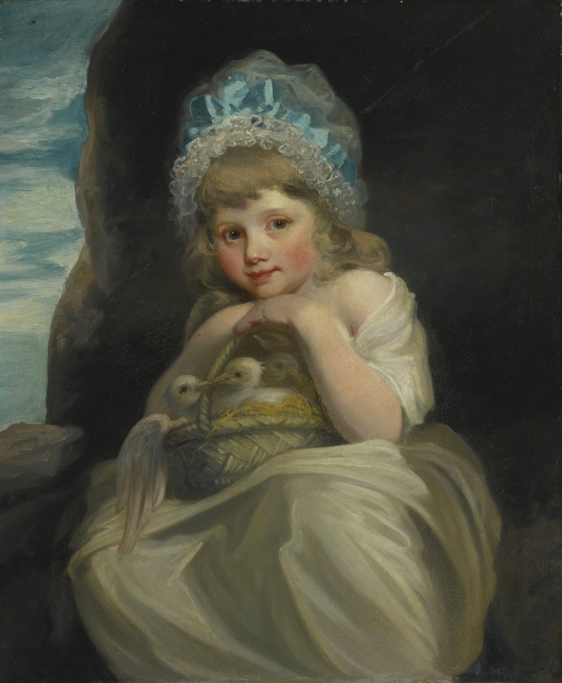 A GIRL WITH A BASKET OF BIRDS by English School