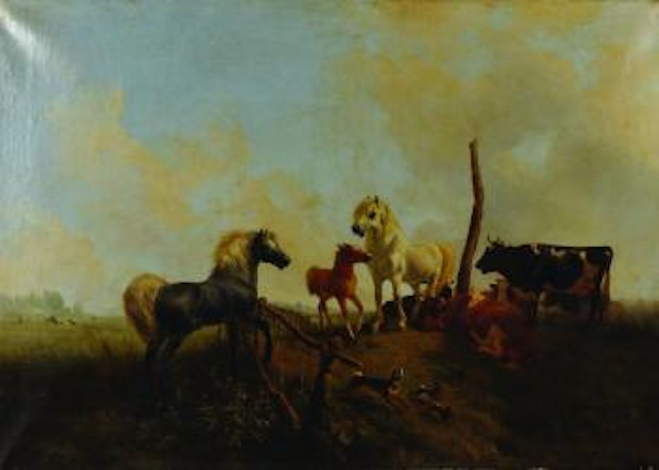 A landscape, with horses, and cattle, with rabbits running in the foreground by Henriette Ronner-Knip