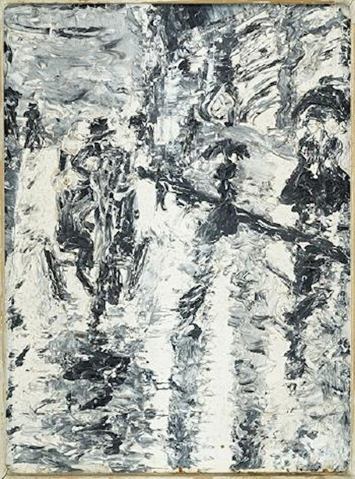 Rainy street scene with figures by Lesser Ury