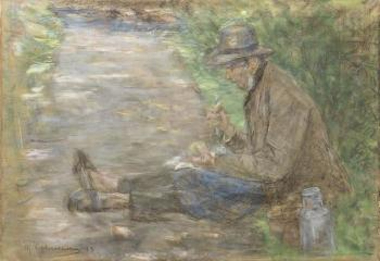 Alter Gärtner beim Frühstück – Sitzender Gärtner by Max Liebermann