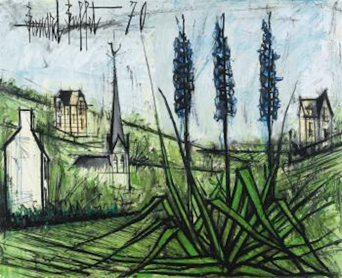 Trois Delphiniums Bleus Dans Un Paysage by Bernard Buffet