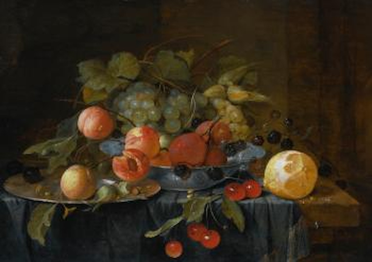 Still life of fruit on a pewter plate and in a wan-li krak porcelain bowl, a partially peeled lemon and a sprig of cherries on a table draped with a gold-hemmed cloth by Jan Davidsz de Heem