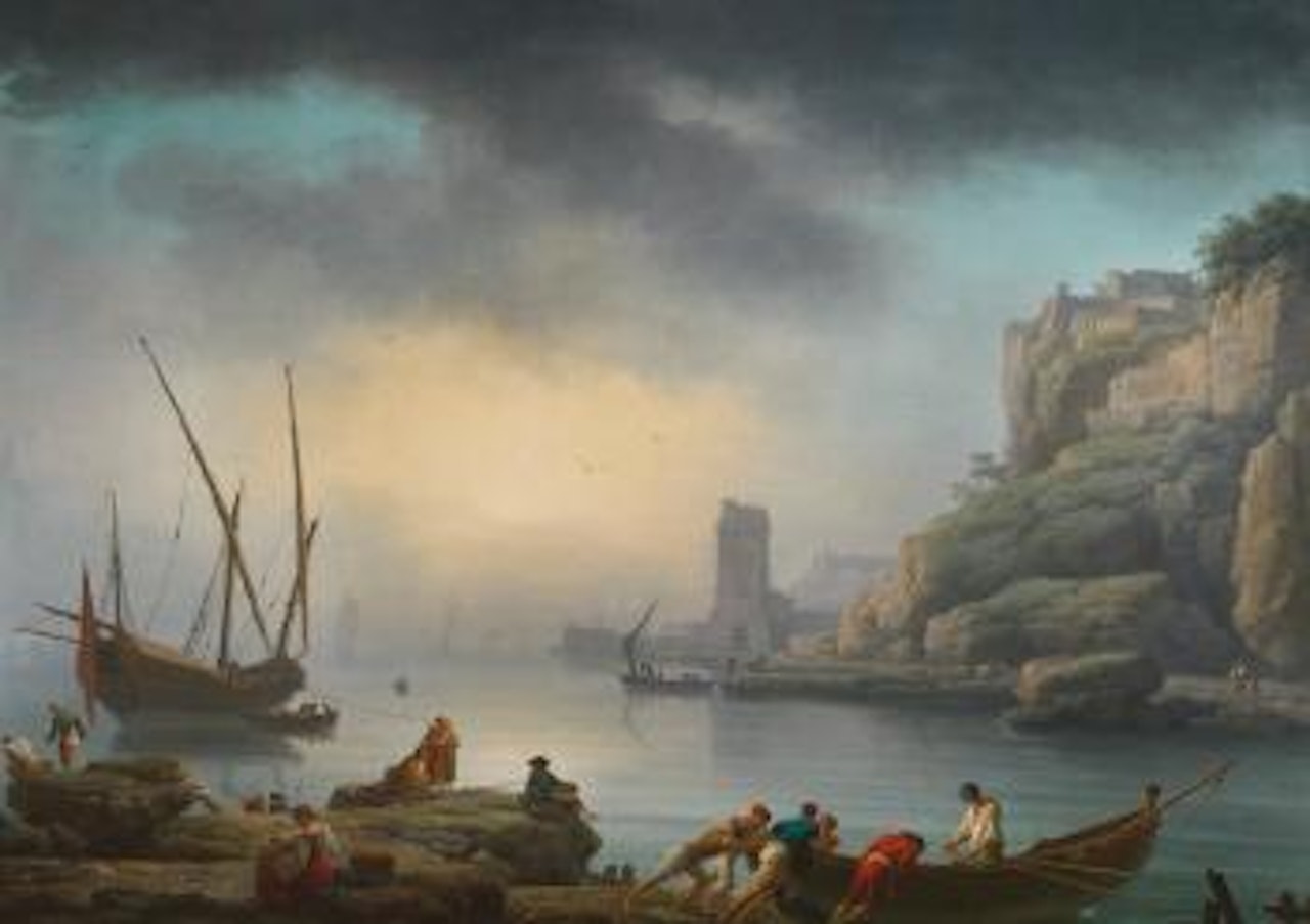 An Italian harbor scene in the morning fog, with fishermen departing in the foreground by Claude Joseph Vernet