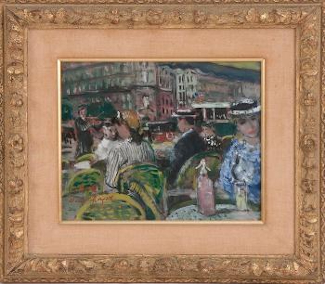 Continental café scene with seated figures and distant buildings by François Gall