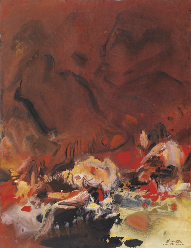 COMPOSITION N�341
SIGNED, SIGNED IN CHINESE AND DATED 70; SIGNED, SIGNED IN CHINESE, TITLED, INSCRIBED AND DATED 1970 ON THE REVERSE; GOUACHE AND INK ON PAPER. EXECUTED IN 1970. by Chu Teh-Chun