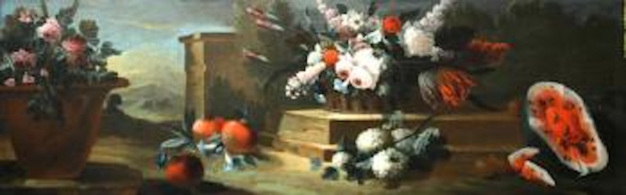 A floral still life with a watermelon in a garden landscape; A floral still life with fruit in a garden landscape by Gasparo Lopez