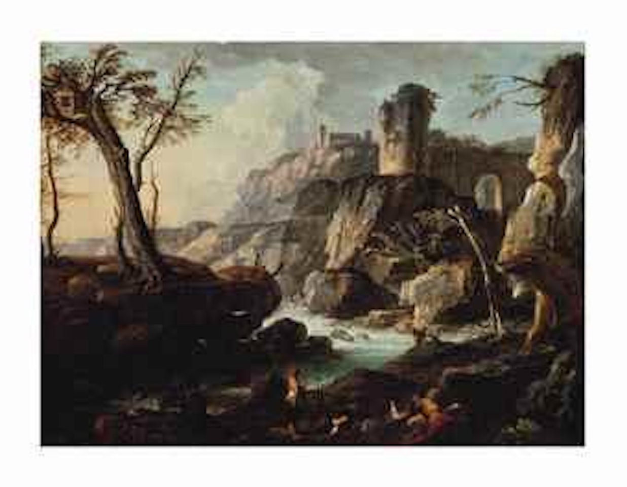 Rocky landscape with figures camping near a river by Italian School