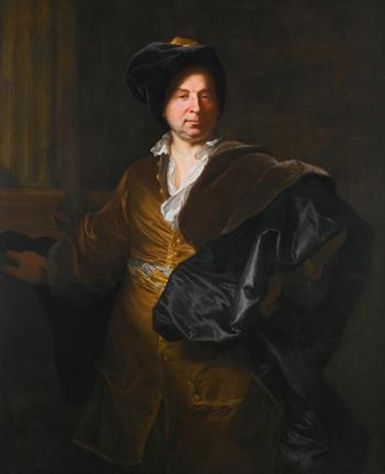 Portrait of a gentleman, three Quarter Length, in a gold silk Frock Coat and Blue Cloak, Possibly Paolo Gerolamo II Pallavicini by Hyacinthe Rigaud
